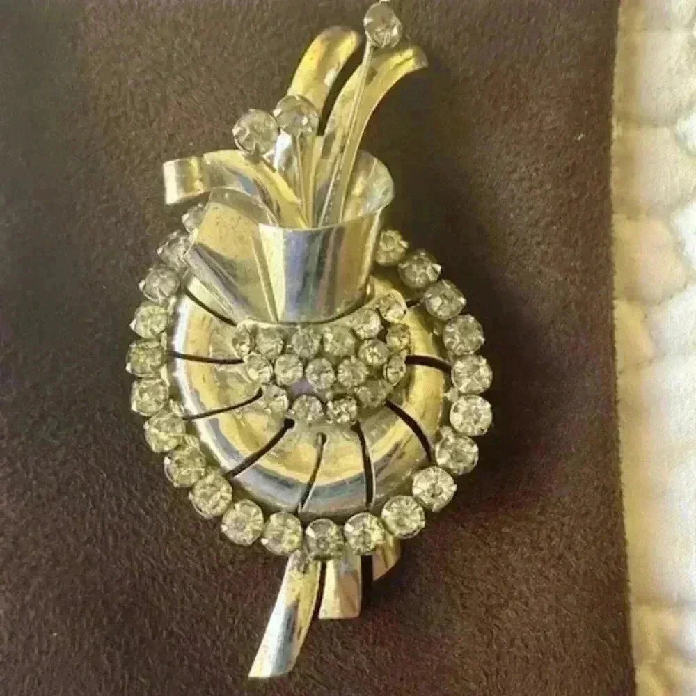 Vintage Art Deco 40 Rhinestone Brooch / Pin: Sterling 925 Silver - 3 1/2 Inches
